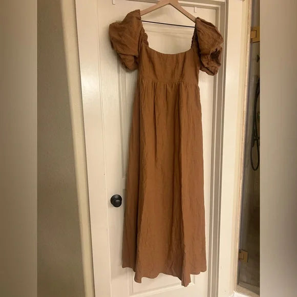 100% linen camel Puff Sleeve Maxi Dress - Picture 1 of 3